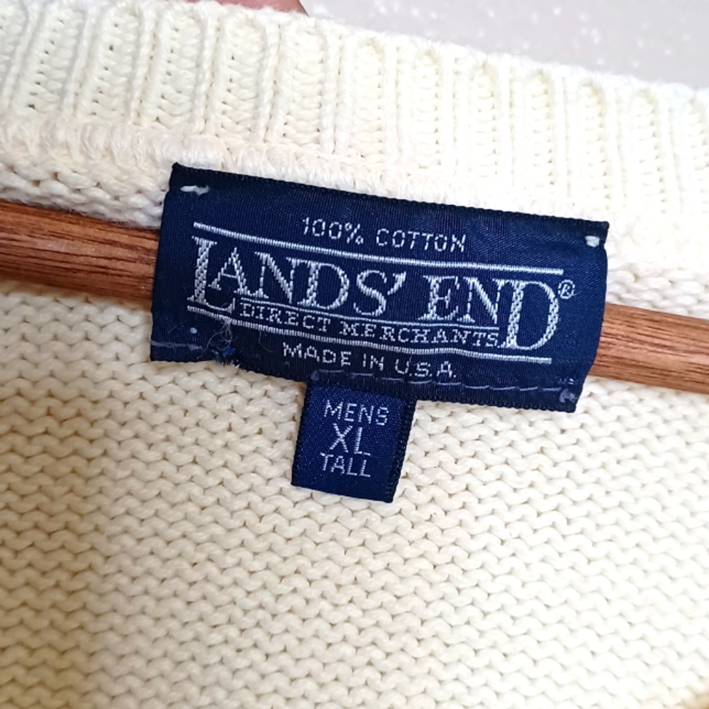 Vintage Lands' End Men's Cream Knit Long Sleeve  V-Neck Sweater Top Size XL - Picture 11 of 12